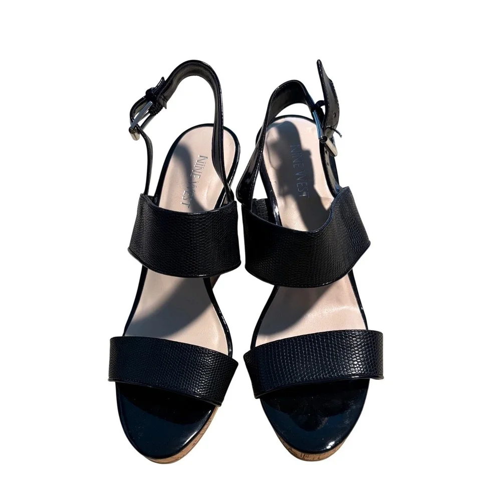 Nine West Lucini Black Snakeskin Patent Cork Wedge Sandals Womens 8.5 M